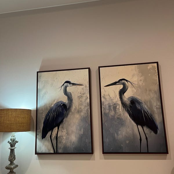 Set of 2 Blue Herons Wall Art, Abstract Heron Paintings Canvas Prints ...