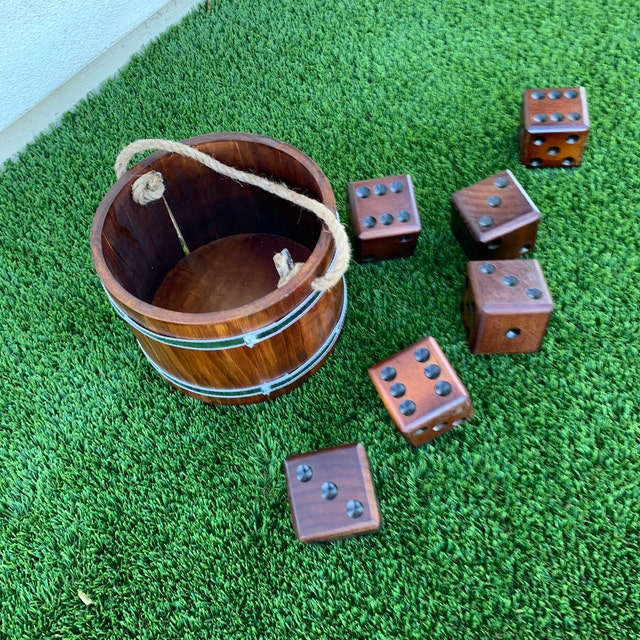 SWOOC Giant Yard Dice Games Set - 6 Wood Dice, Bucket, Scorecards, 20+ Games (Yardzee, Farkle), Weather Resistant