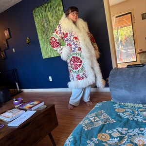 Handmade Suzani Shearling Coat: Boho Afghan Style, Mongolian Fur