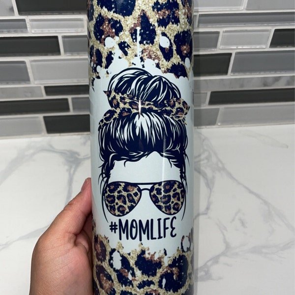 20 OZ Glitter Leopard Mom Life Messy Bun Skinny Tumbler Design ...