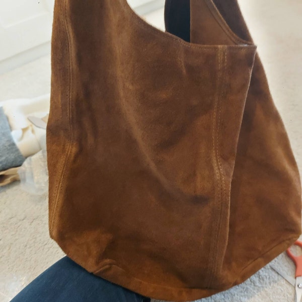 Kurava Hand-Sewn Faux Suede Tote Bag - Hobo Style With Mini Dog Charm, Dark Brown