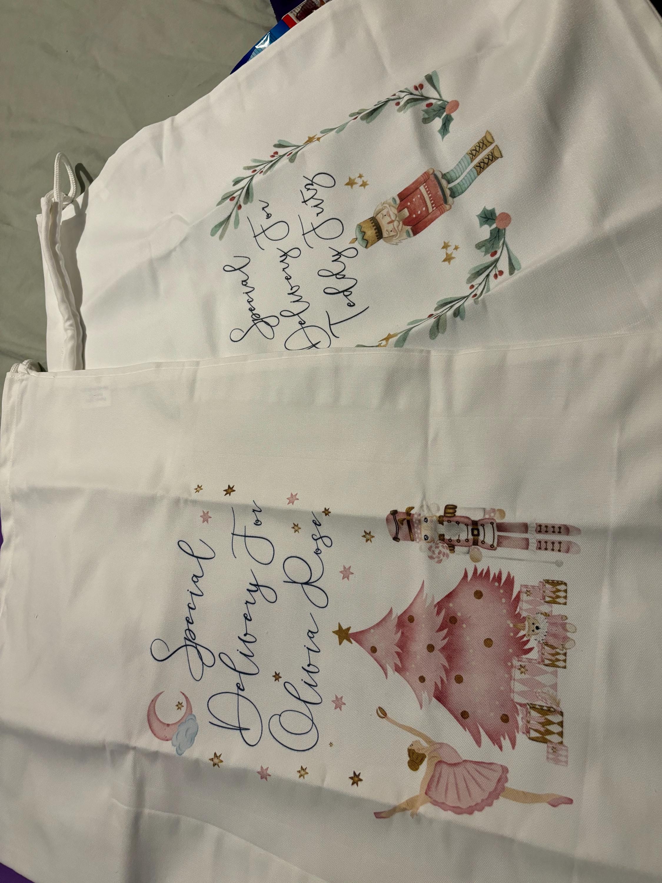 personalised santa sack, Christmas sack, Christmas nutcracker, sugar plum fairy, girl, boy, Christmas Eve box, first Christmas gift