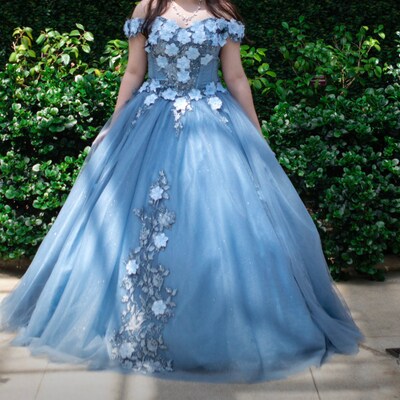 Mexican Dusty Blue Quinceanera Dress With 3D Floral Applique Vestidos ...