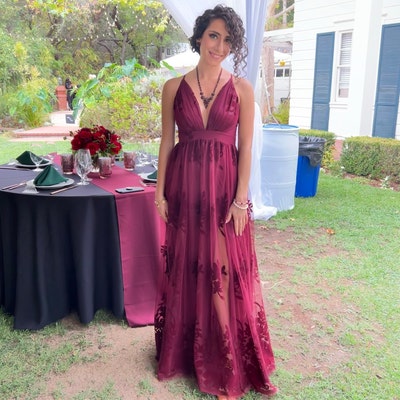 Boho Burgundy Dress, Lace Wedding Guest Dress, Photoshoot Dress, Maxi ...