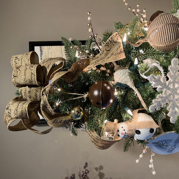 Rustic Burlap Farmhouse Christmas Bow, Christmas Holidays Script Burlap ...