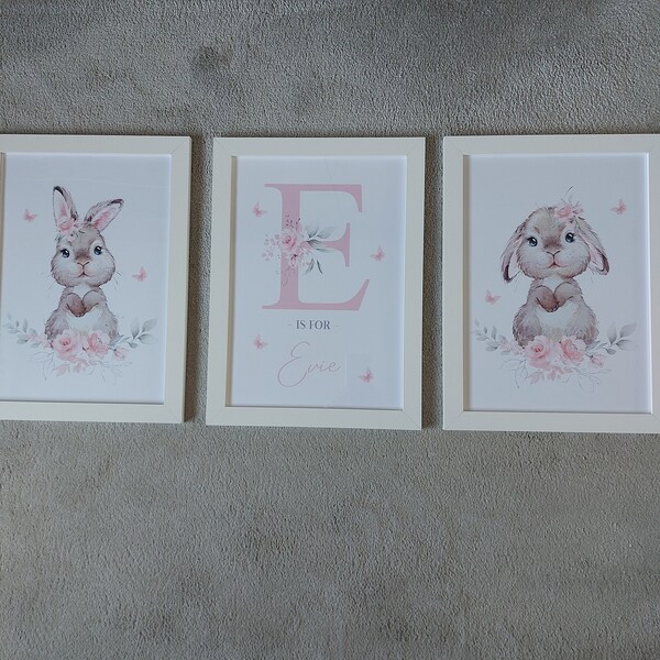 Set of 3 Personalised Pink Floral Bunny Rabbit Nursery Prints - Name ...