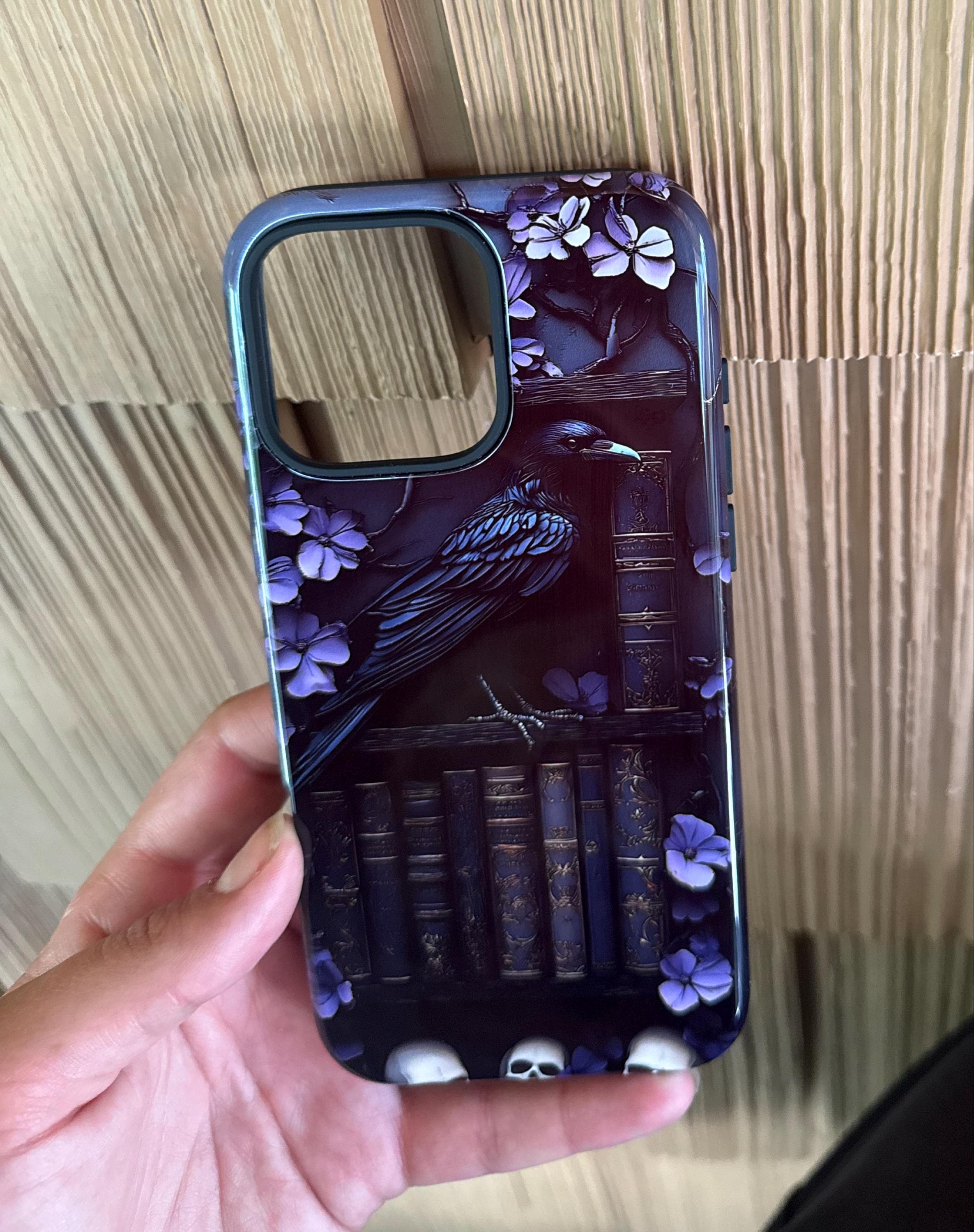 Purple Gothic Raven Bookshelf Phone Case, Gift for Book Lovers, Library Dark Academia Aesthetic, iPhone 16 15, GalaxyS25, Pixel 9 Pro Case