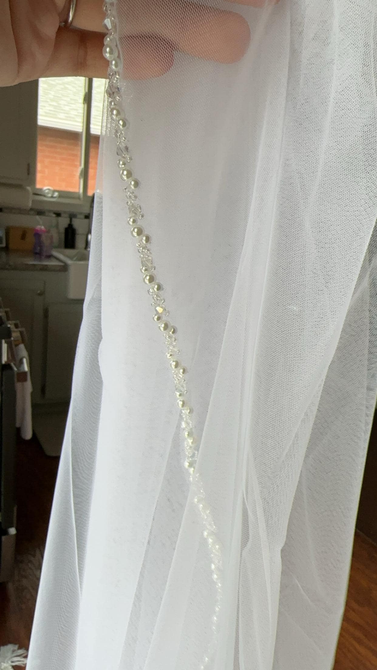 Beaded bridal veil,Pearl Wedding veil,Ivory Cathedral Veil,Sparkling veil,Crystal edge veil,Elbow Veil