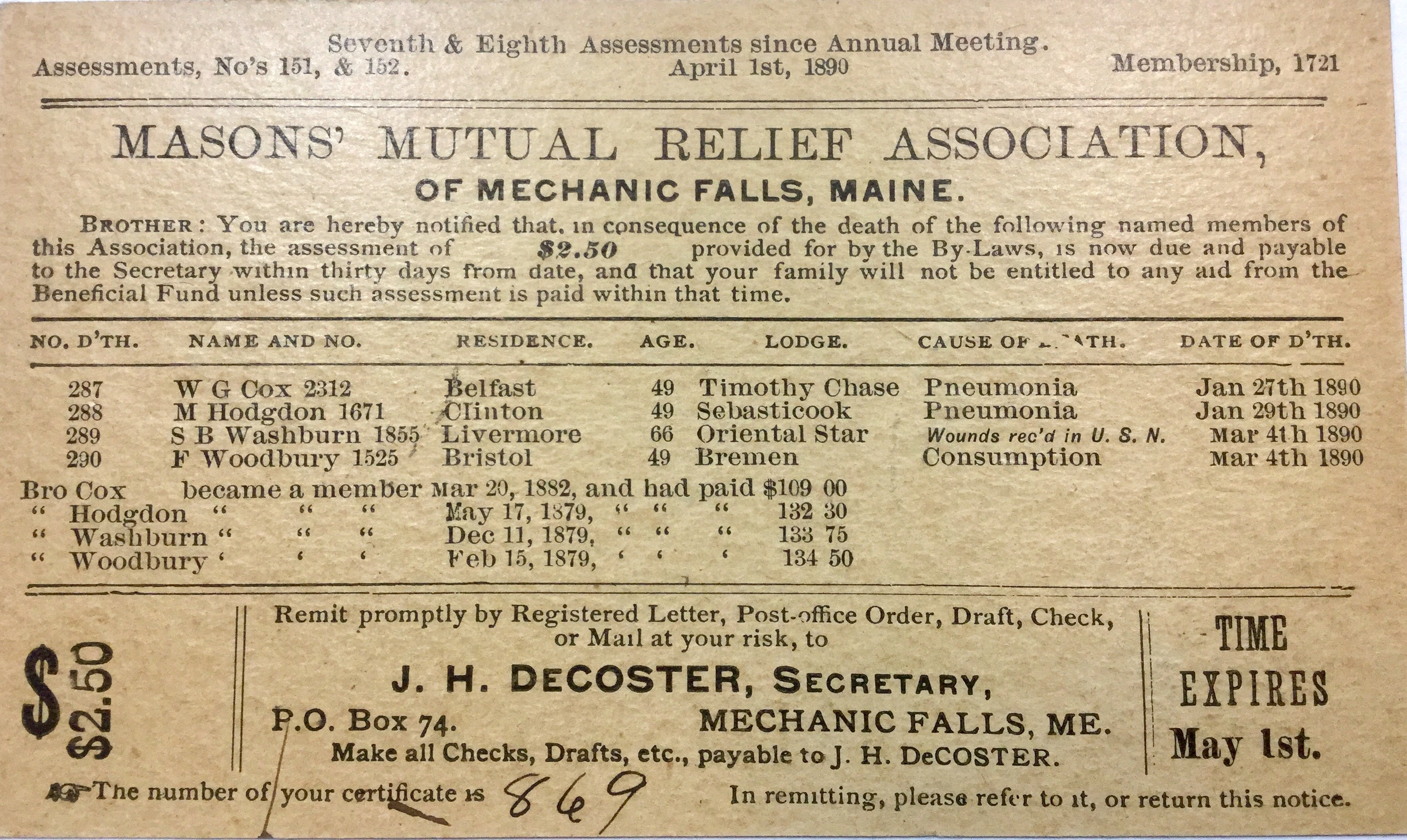 The deceased are named for early insurance assessment Masons’ mutual relief association assessment card