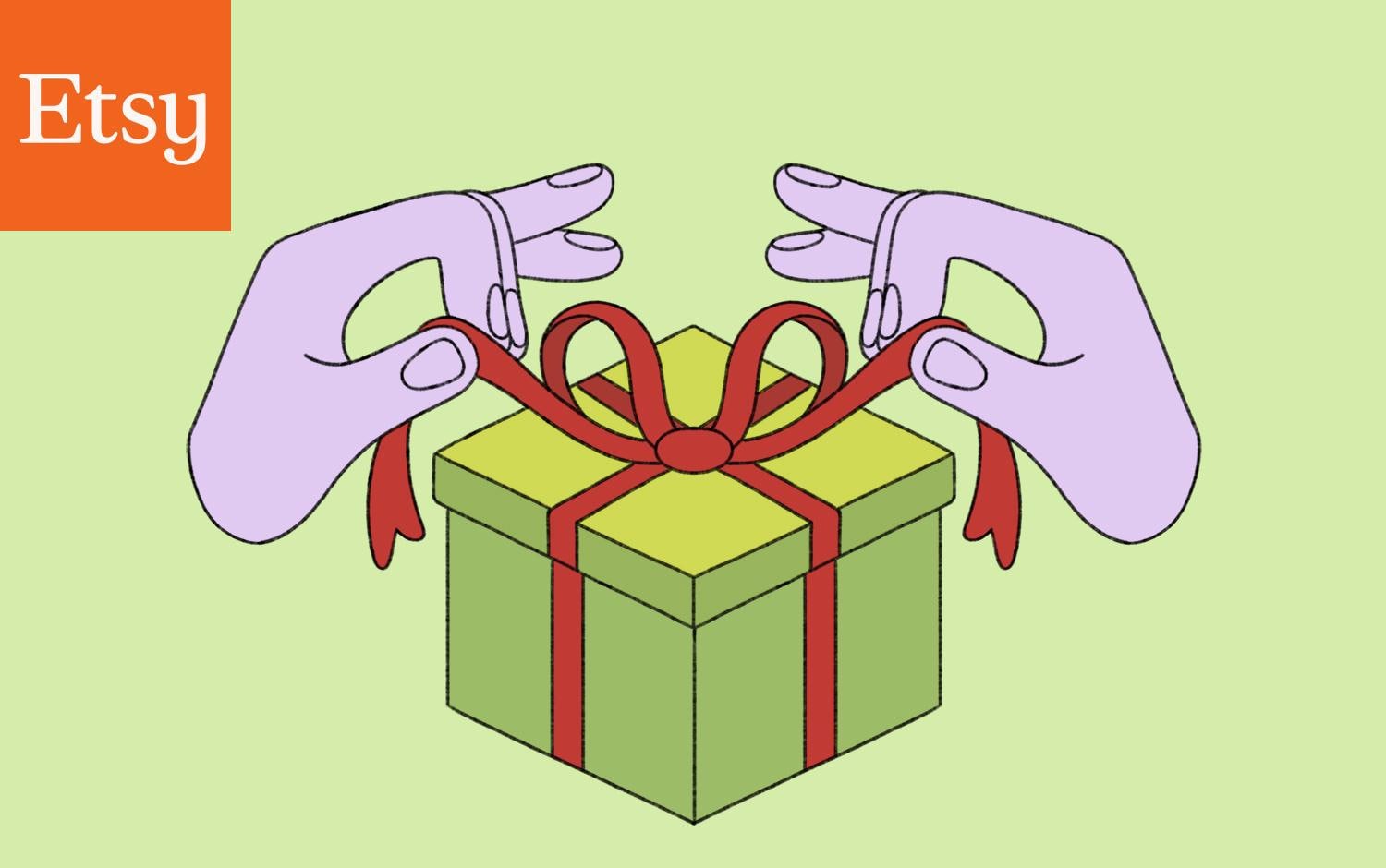 Two hands holding the ends of the red bow wrapped around the green gift box