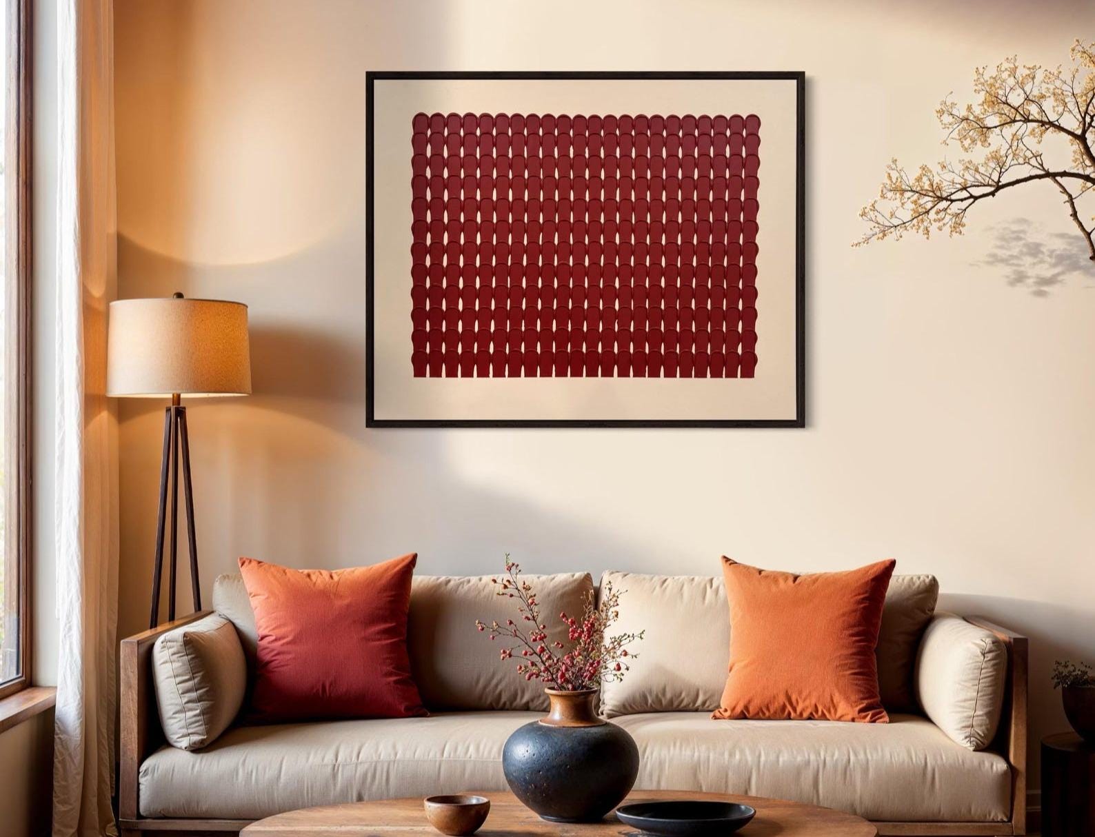 A living room with red, orange and oatmeal decor.