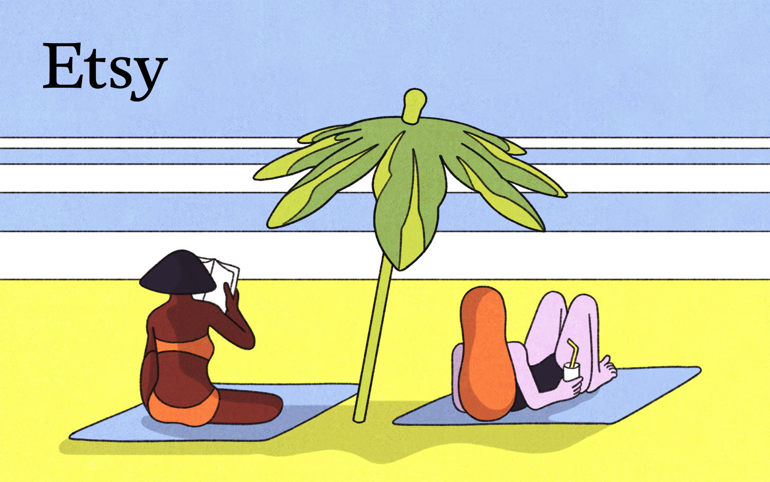 Two ladies on beach blankets with a palm tree