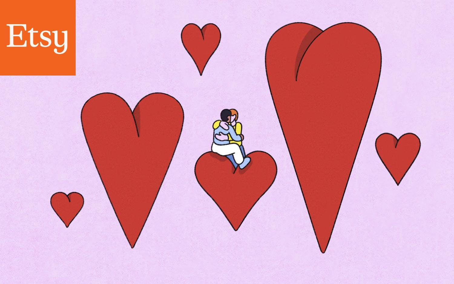 2 people sitting on floating love heart, surrounded by other hearts