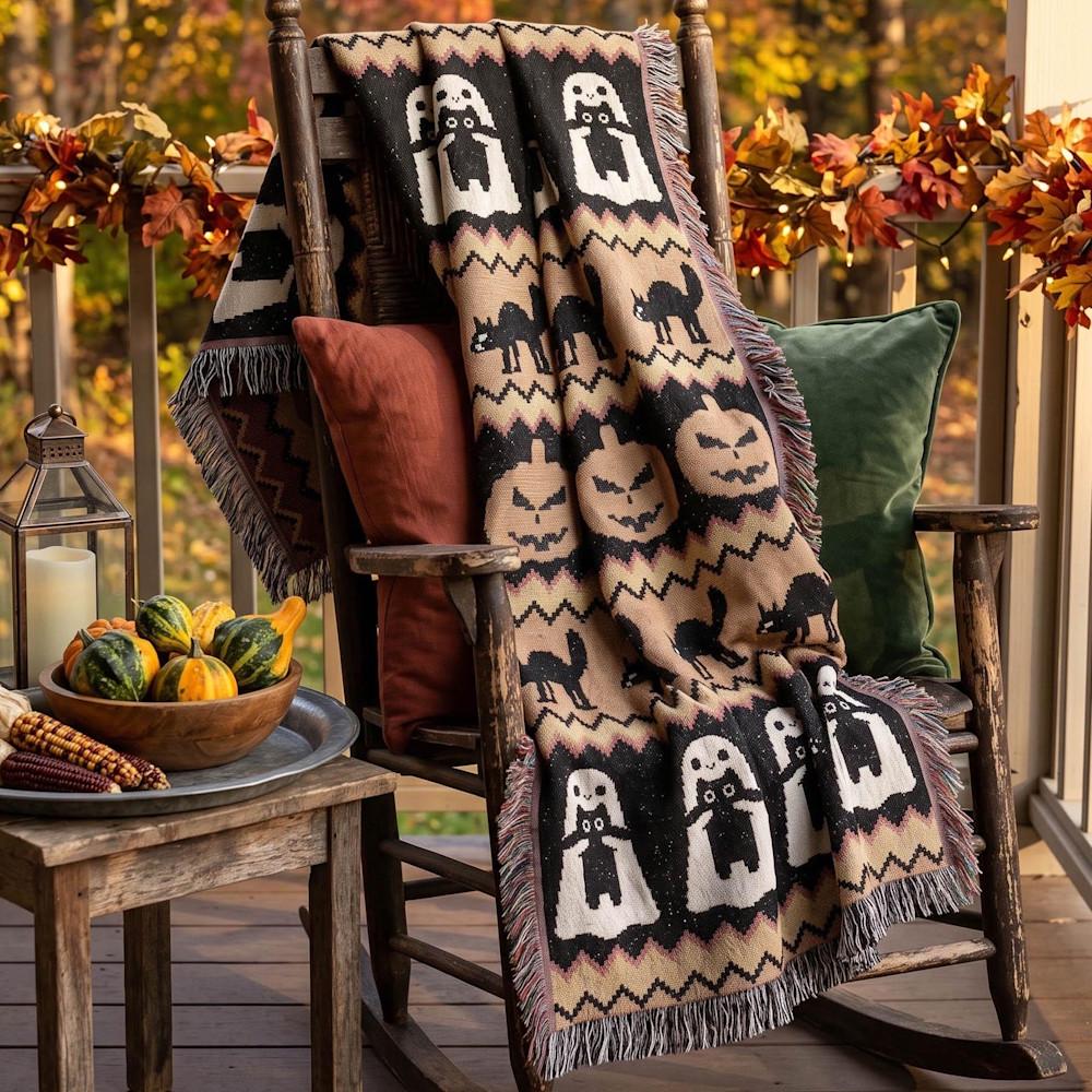 Halloween blanket with ghosts, pumpkins, and black cats