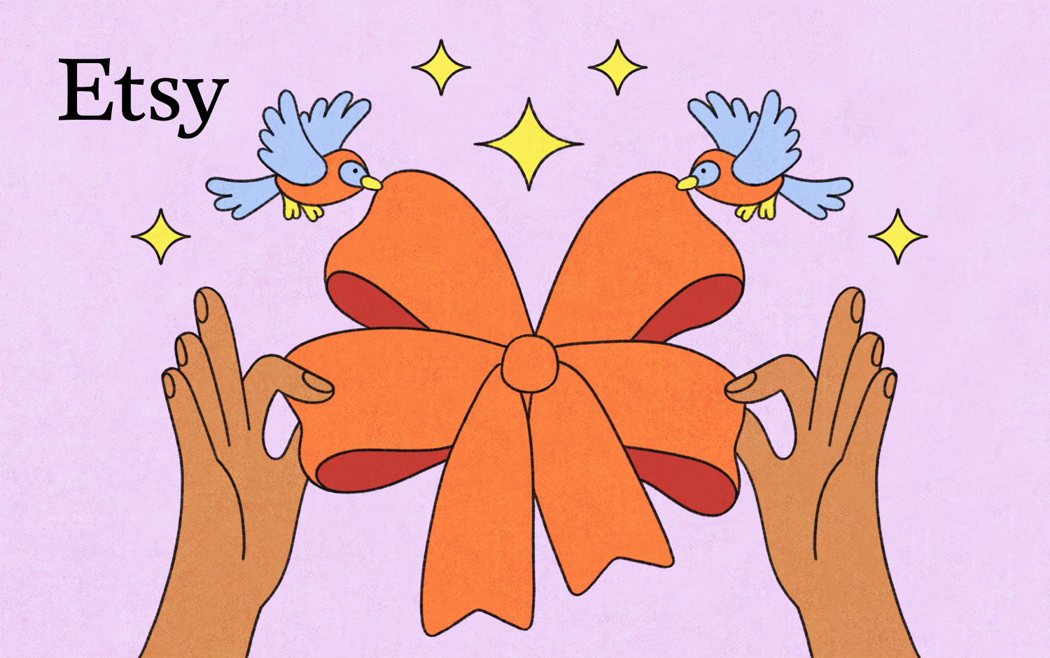 Two hands are tying a big orange stylized bow with two blue birds supporting