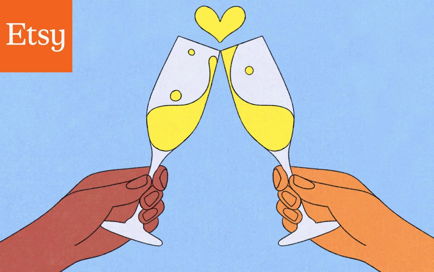Champagne glasses cheers with heart at the top