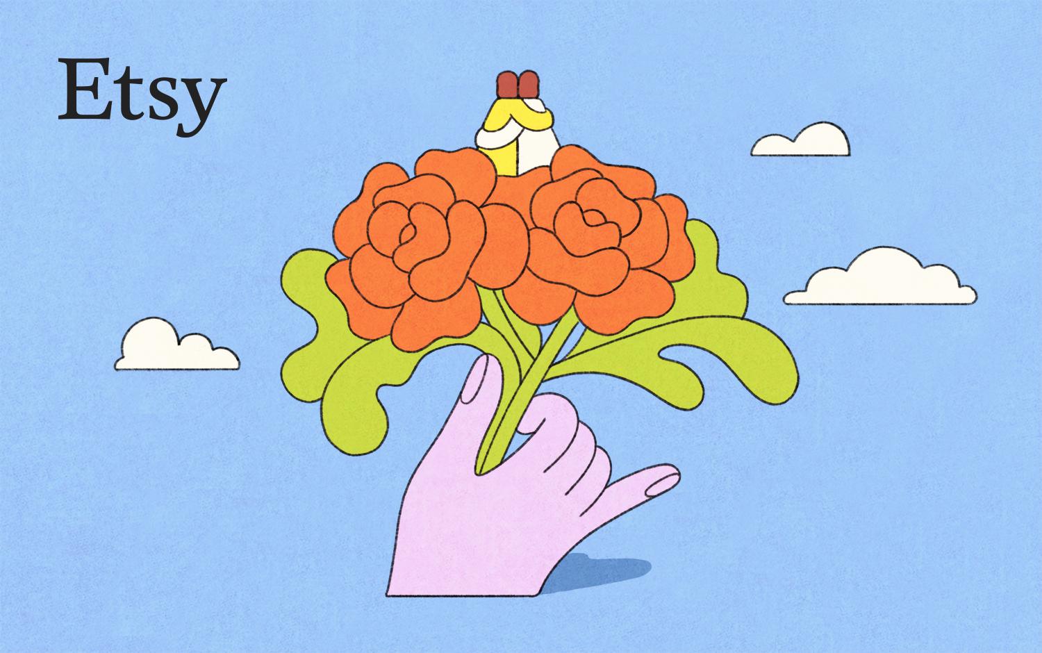 Two people embracing on top of a bouquet of colorful flowers