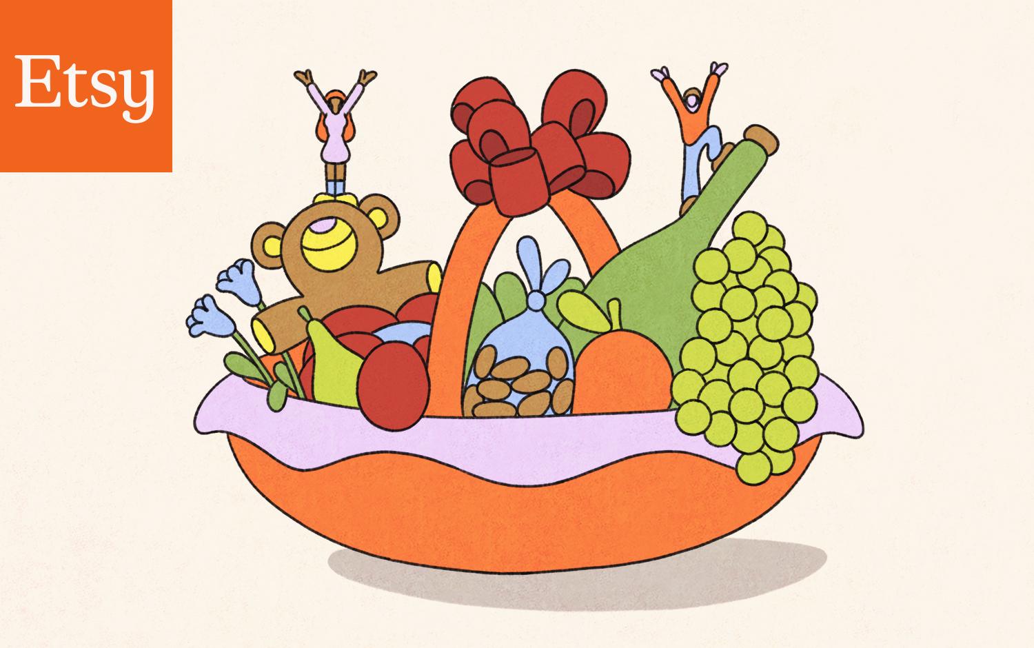 Basket of Thanksgiving related foods and drinks.