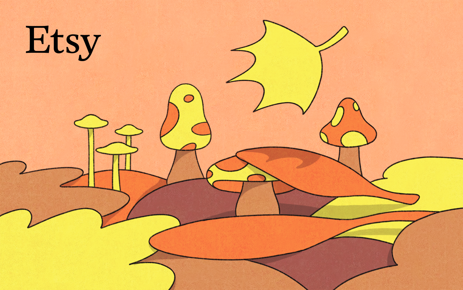 Orange, yellow and brown illustrated mushrooms and fall leaves