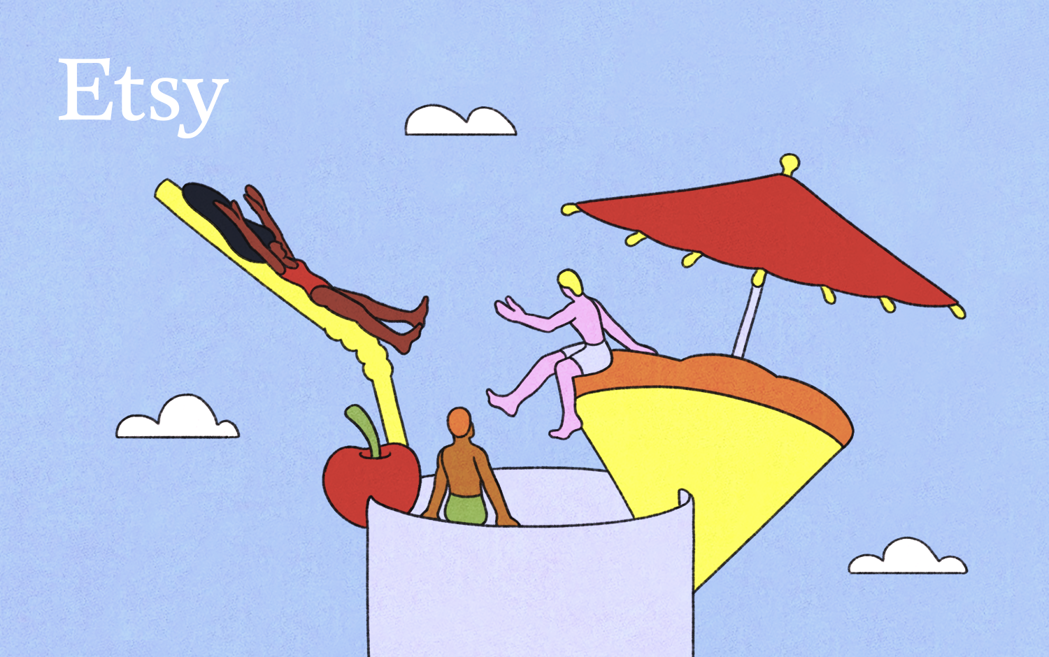 Giant summer drink with fruit, an umbrella and people sliding into the drink