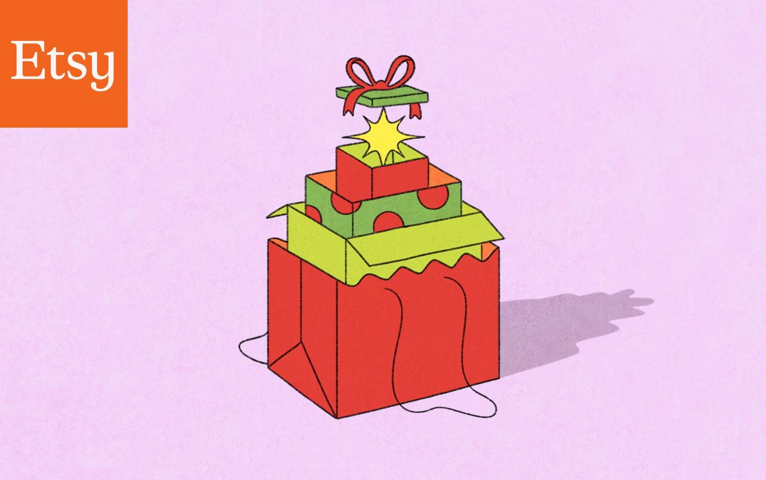 A stack of three gifts emitting a star-like burst of light at the top