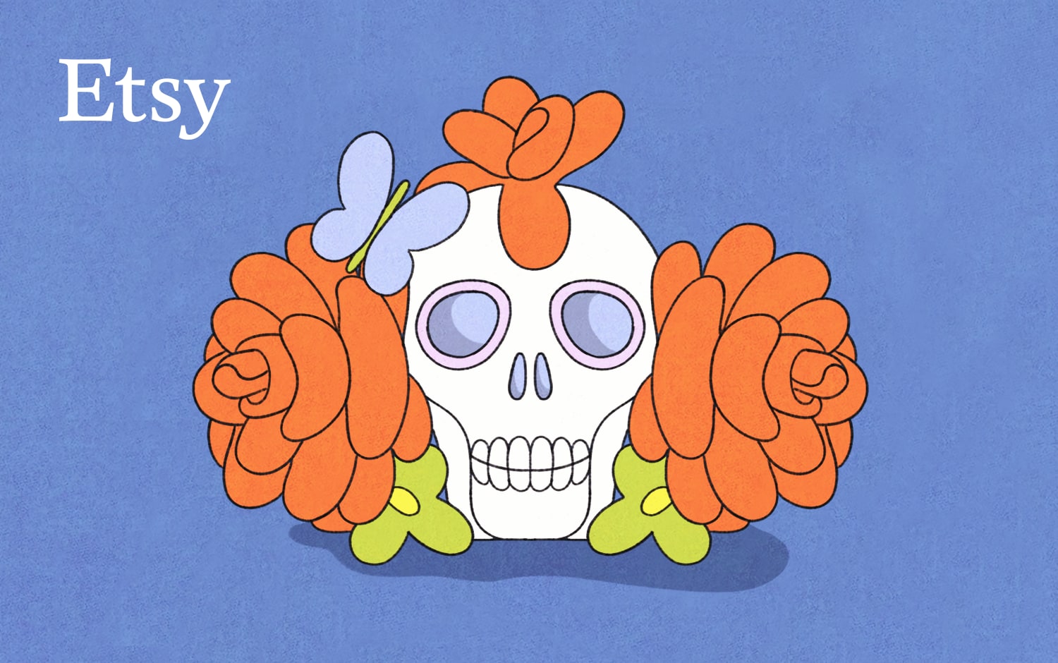 Dia de los Muertos skull, or calavera, with vibrand marigolds. 