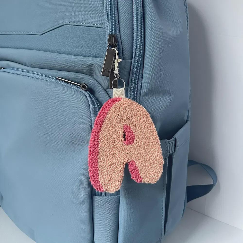 monogrammed punch needle bag charm