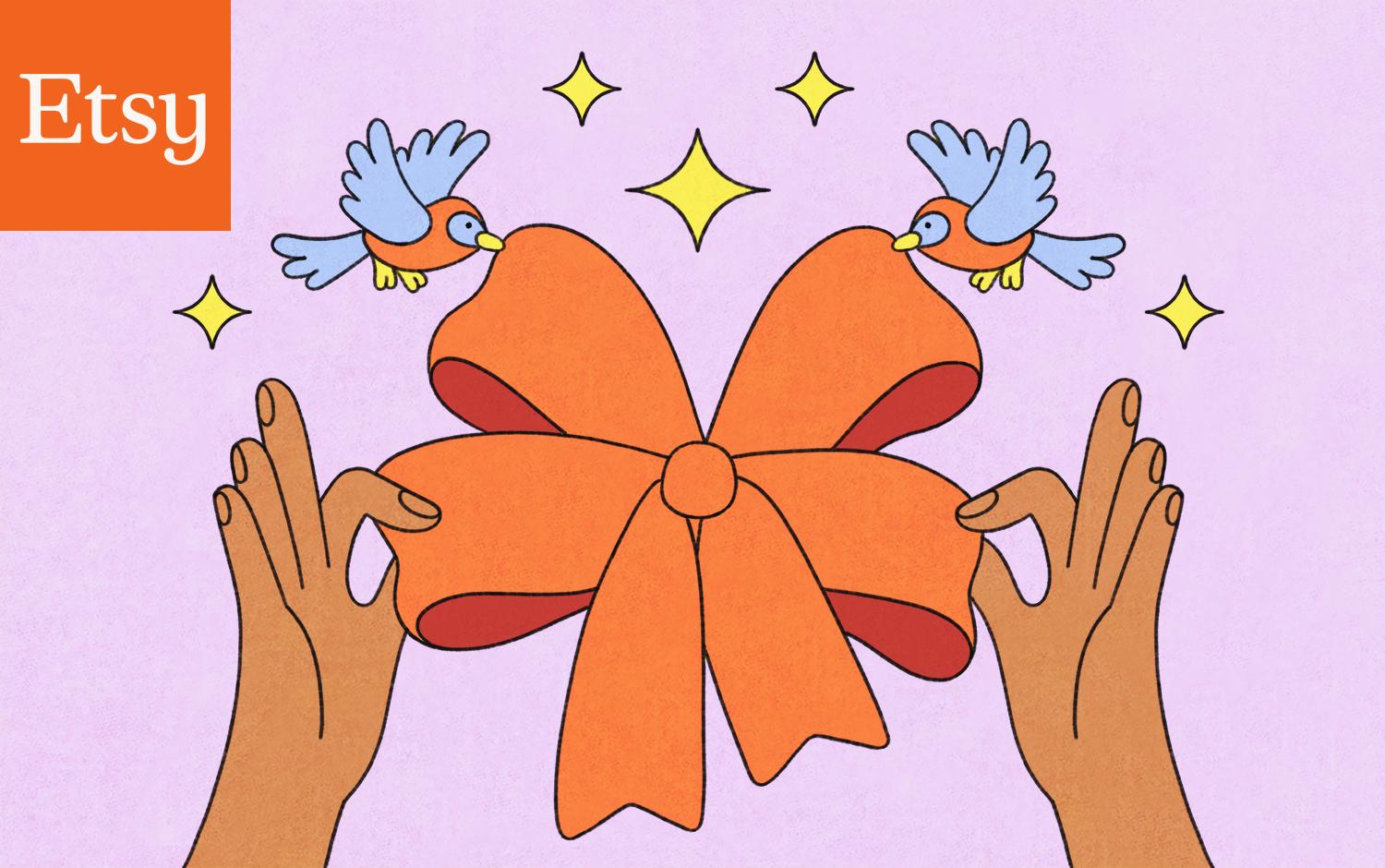 Two hands are tying a big orange stylised bow with two blue birds supporting