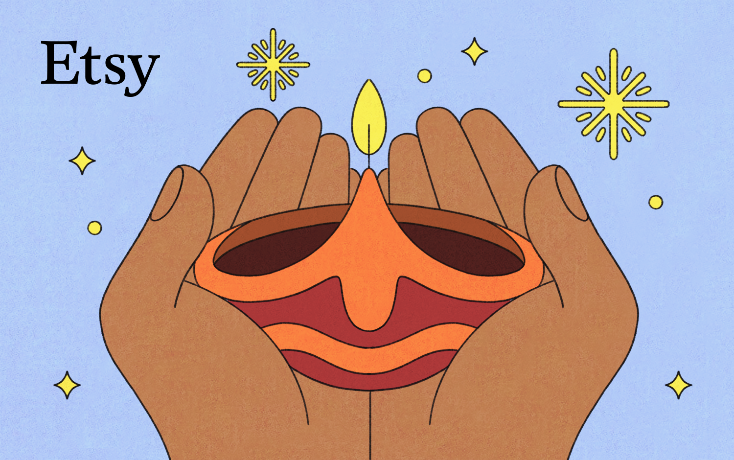 Two hands holding an oil lamp made from clay with a flame.