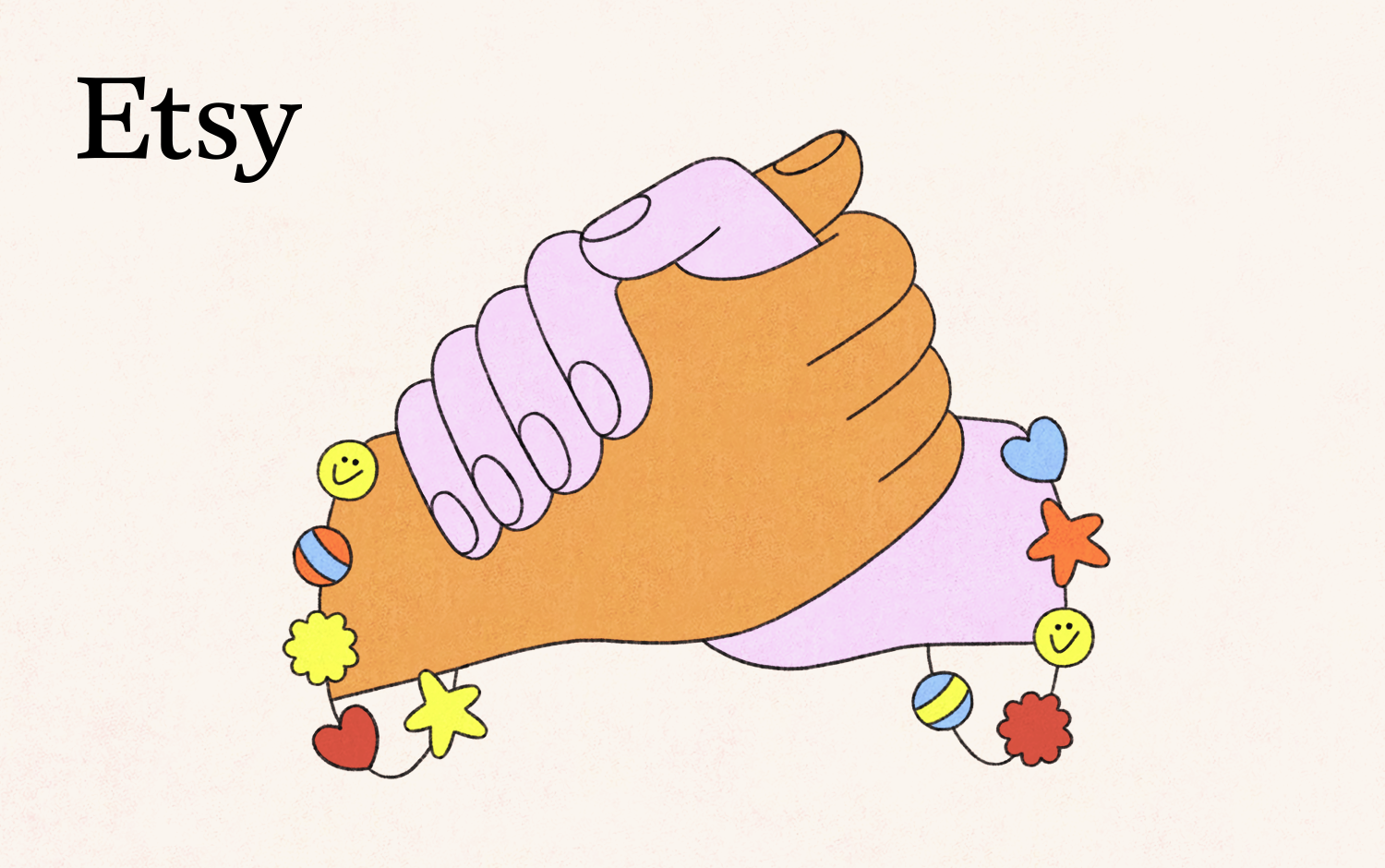 Two hands are clasped with matching friendship bracelets on their wrists
