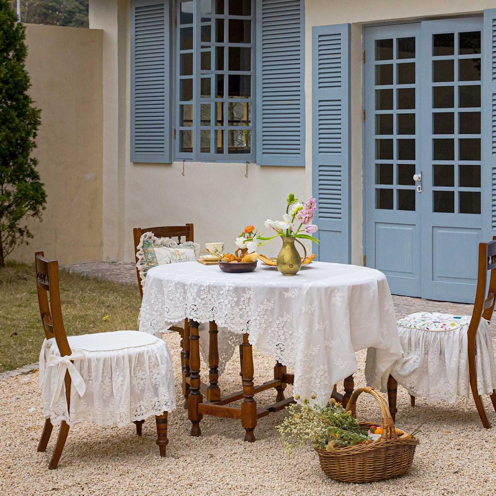 Mantel de encaje de algodón blanco con bordado de flores