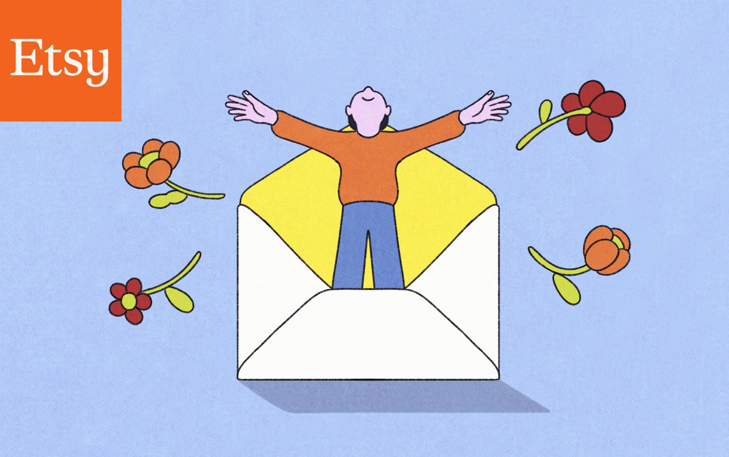 A person coming out of an envelope with flowers all around it.