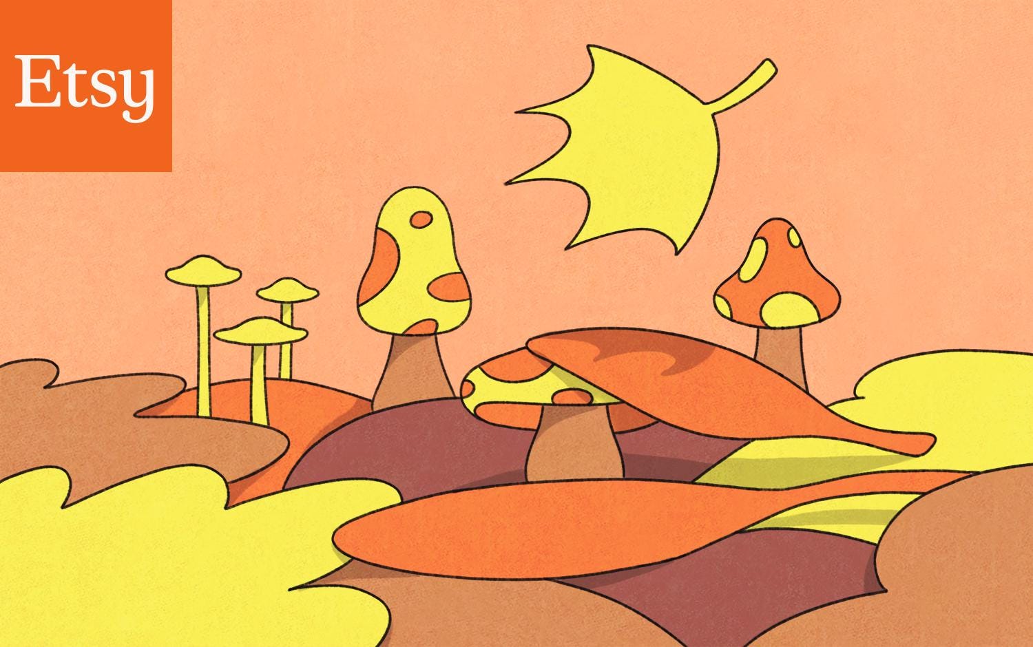 Orange, yellow and brown illustrated mushrooms and autumn leaves