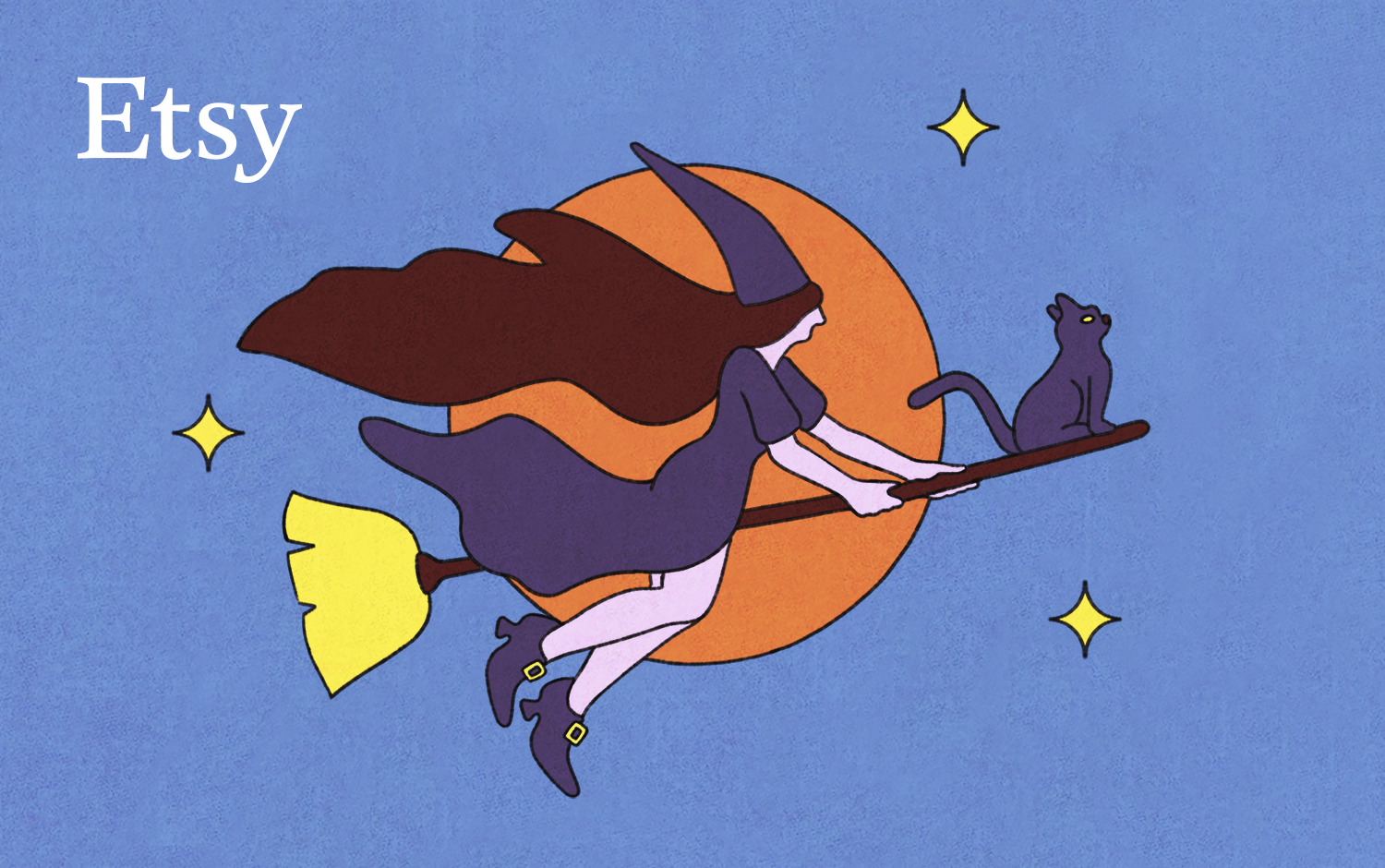 Witch and black cat on a broom flying in front of a orange full moon.