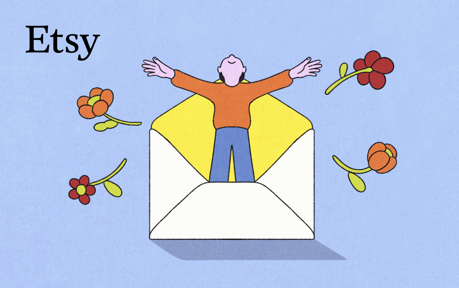 A person coming out of an envelope with flowers all around it.