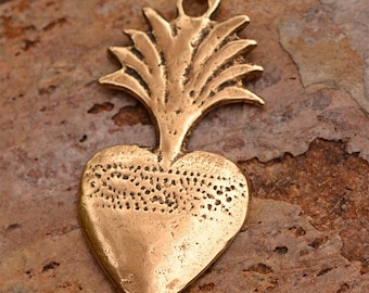 Flaming Heart Milagro in Bronze, R-124