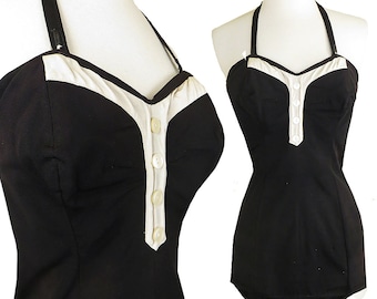 Vintage 40s Swimsuit / Vintage 50s Swimsuit / Pinup Swimsuit / Bathing Suit Skirt Swim Suit Black Swimwear S M L Gottex One Piece Rockabilly