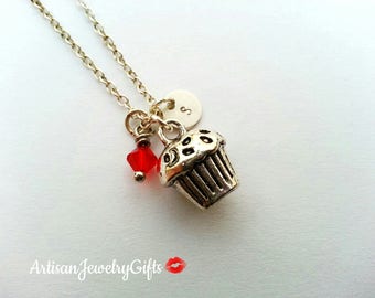 Silver Cupcake Birthstone Necklace Engraved Initial Necklace Silver Cupcake Necklace Baking Necklace Christmas Gift For Baker's Gift For Her