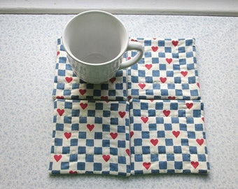blue and white checks with hearts vintage fabric hand quilted set of mug rugs coasters