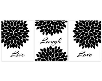 Home Decor Wall Art CANVAS PRINTS, Live Laugh Love, Flower Burst Bathroom Wall Decor, Black and White Bedroom Wall Art - HOME92