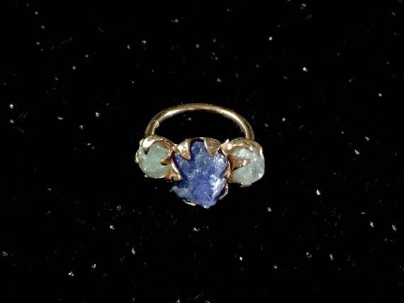 Solid Rose Gold 10K Rough Raw Grey White Sapphire + Purple Blue Tanzanite Triple Gemstone One of a Kind Ring Size 7, 7.5, 8