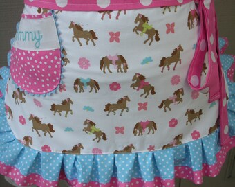 Womens Aprons - Pink Cowgirl Aprons - Womens Horse Aprons - Pink Aprons - Monogrammed Aprons - I Love Horses Aprons - Annies Attic Aprons