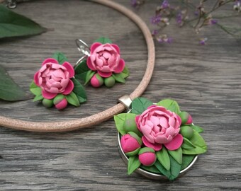 Romantic pheonies jewelry set,pheonies necklace,romantic jewelry,flower necklace and earrings