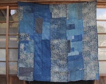 Vintage Japanese sashiko stitched katazome indigo bed cover futonji rug