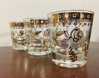 Georges Briard Gold Lowball Glasses - Set of 3 / Mid Century Barware