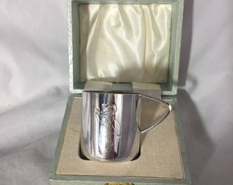 Christening Cup In Silver Plate With An Engraved Teddy Bear
