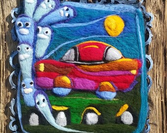 Halloween folk art,painting,ghosts,needle felting,gothic,cemetery,decor,wall,art,whimsical,haunted,handmade,primitive,clowncoffins