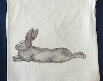 Tea Towel, Screen Printed Flour Sack Towel, lounging bunny rabbit, handmade, eco-friendly, kitchen towel, dish towel
