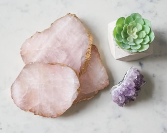 Rose quartz coasters. Gold GILDED free form natural mineral gem home decor gold coaster set. pink quartz coasters