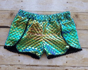 Mermaid shorts, Coachella shorts, summertime bottoms, dress up clothes, play clothing, shifting colors, mermaid scales,girl clothing, dragon